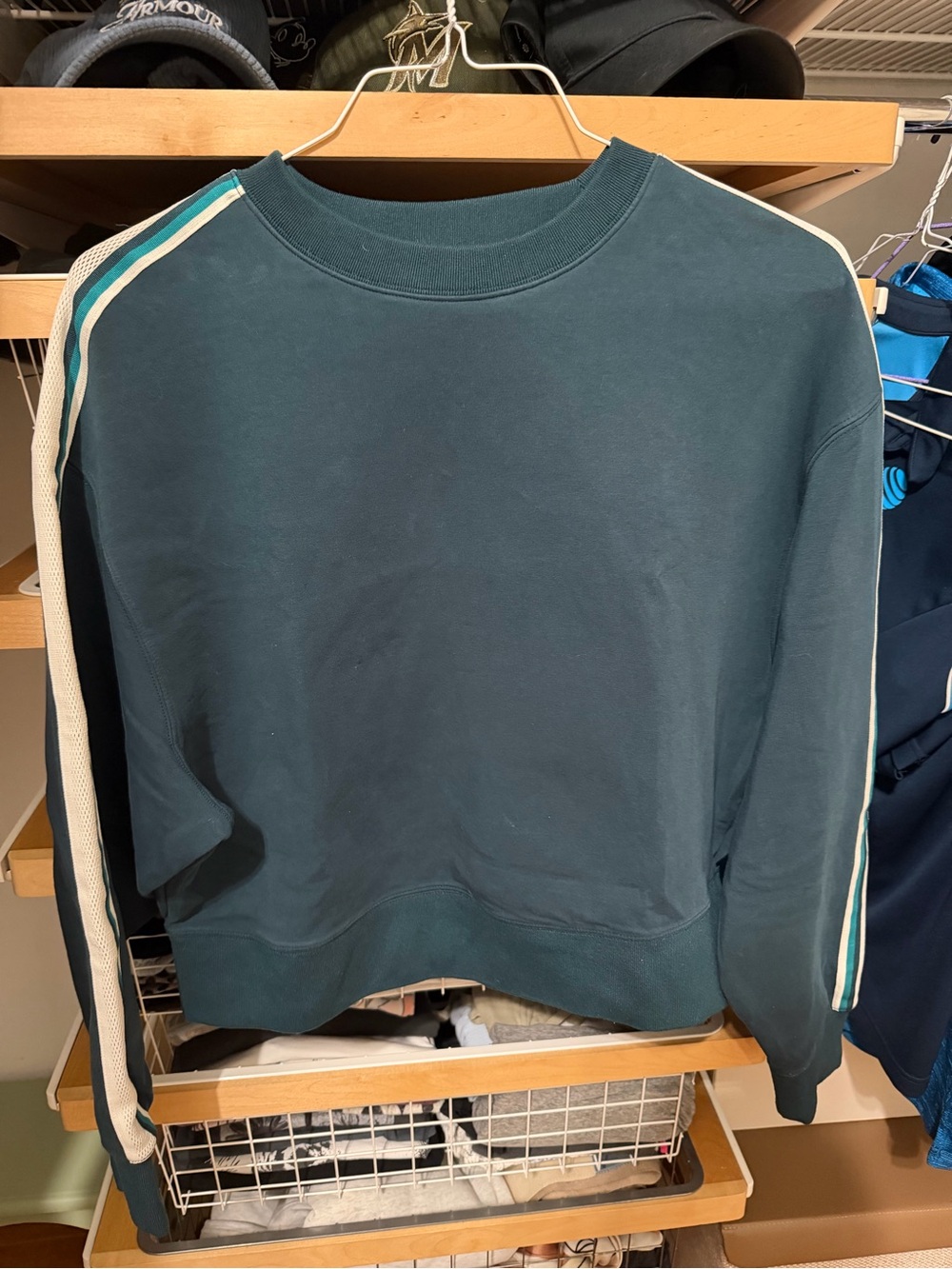 Women Teal Crewneck Sweatshirt with Contrast Sleeve Stripes